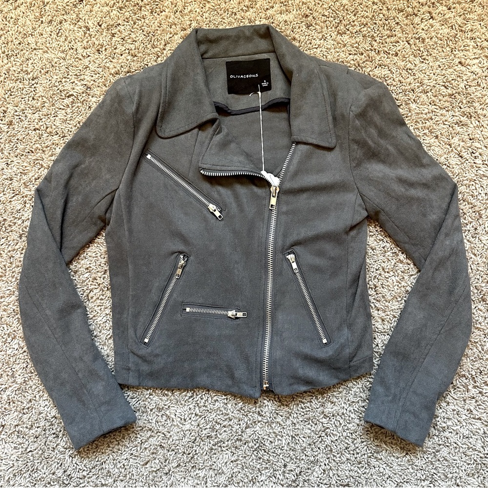 Olivaceous faux suede moto jacket